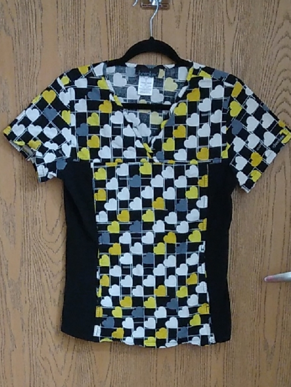 Cherokee Hearts Scrub Top- Yellow White Black